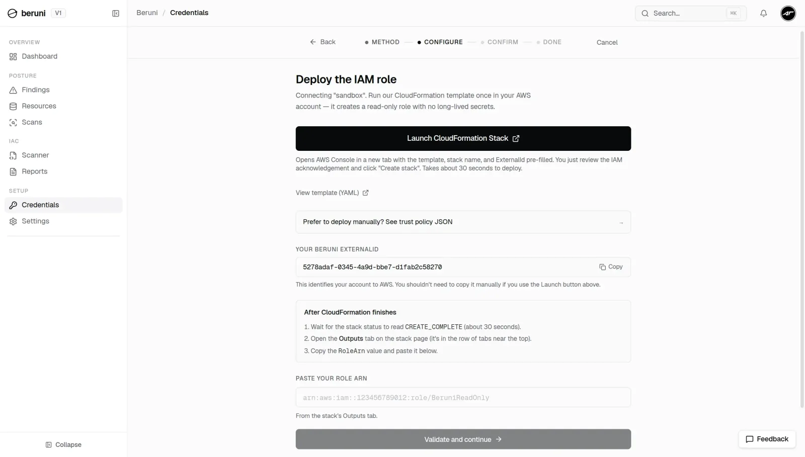 Connecting an account to Beruni: one CloudFormation deploy creates a read-only IAM role scoped by an ExternalId, with no long-lived keys.