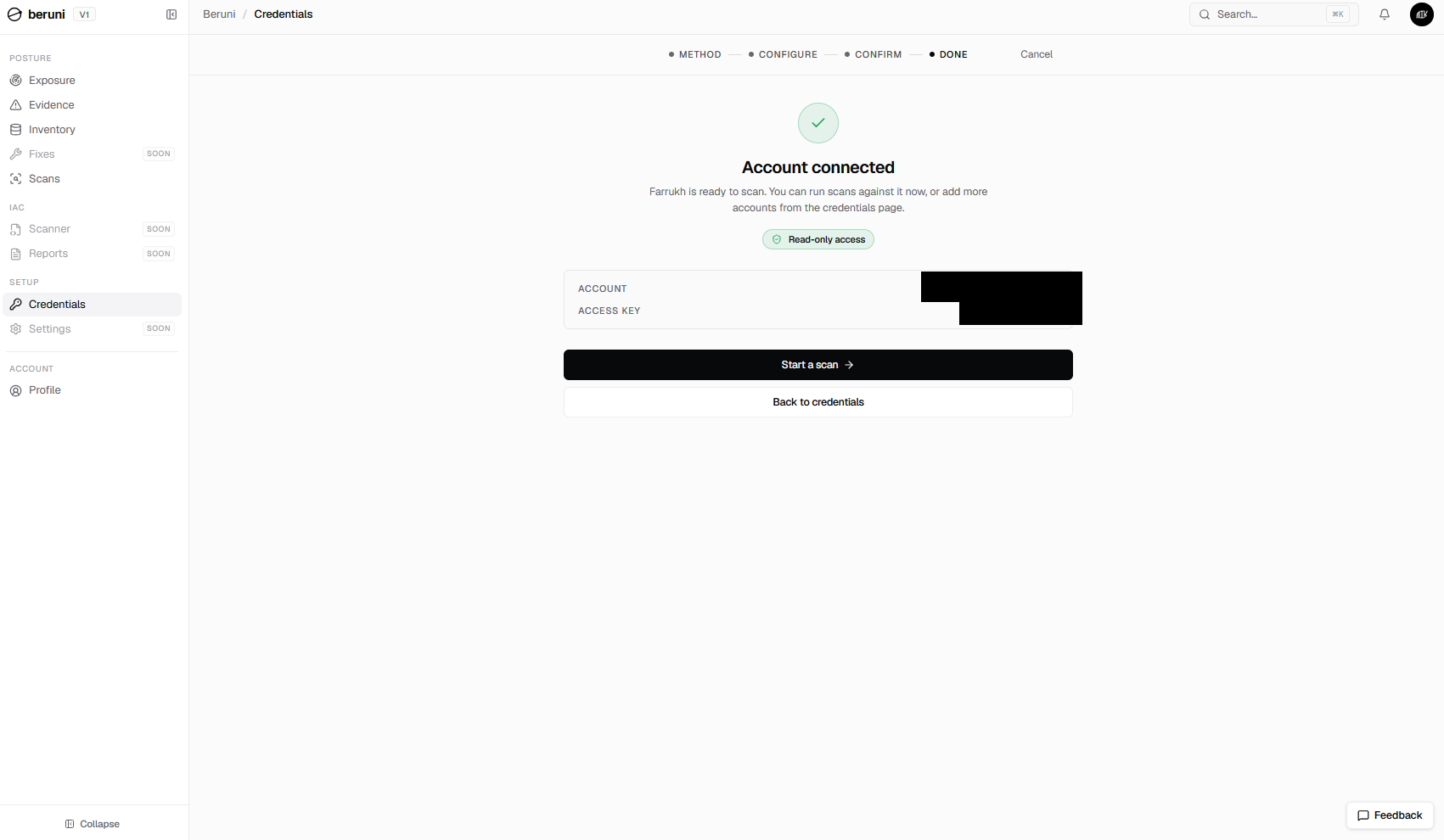 Beruni's "Account connected" confirmation screen after the Access Keys flow completes, showing a "Read-only access" badge and an ACCESS KEY field instead of a ROLE field. The AWS account number and the access key ID are redacted, since they're per-account identifiers.