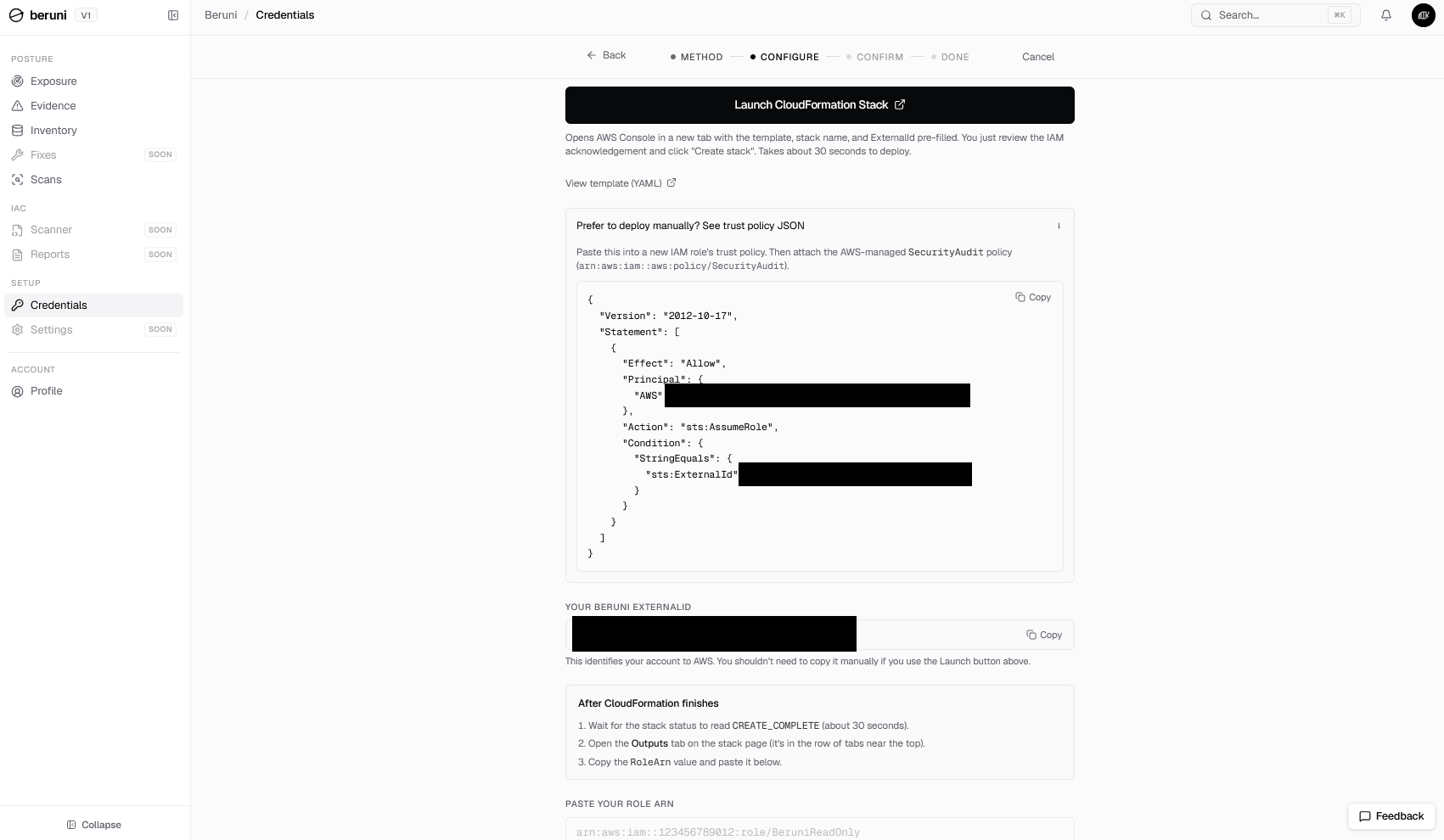 Beruni's "Deploy the IAM role" setup screen, with a "Launch CloudFormation Stack" button and an expandable "Prefer to deploy manually? See trust policy JSON" panel showing the actual trust policy, with the principal ARN and ExternalId values redacted, since they're per-account identifiers.