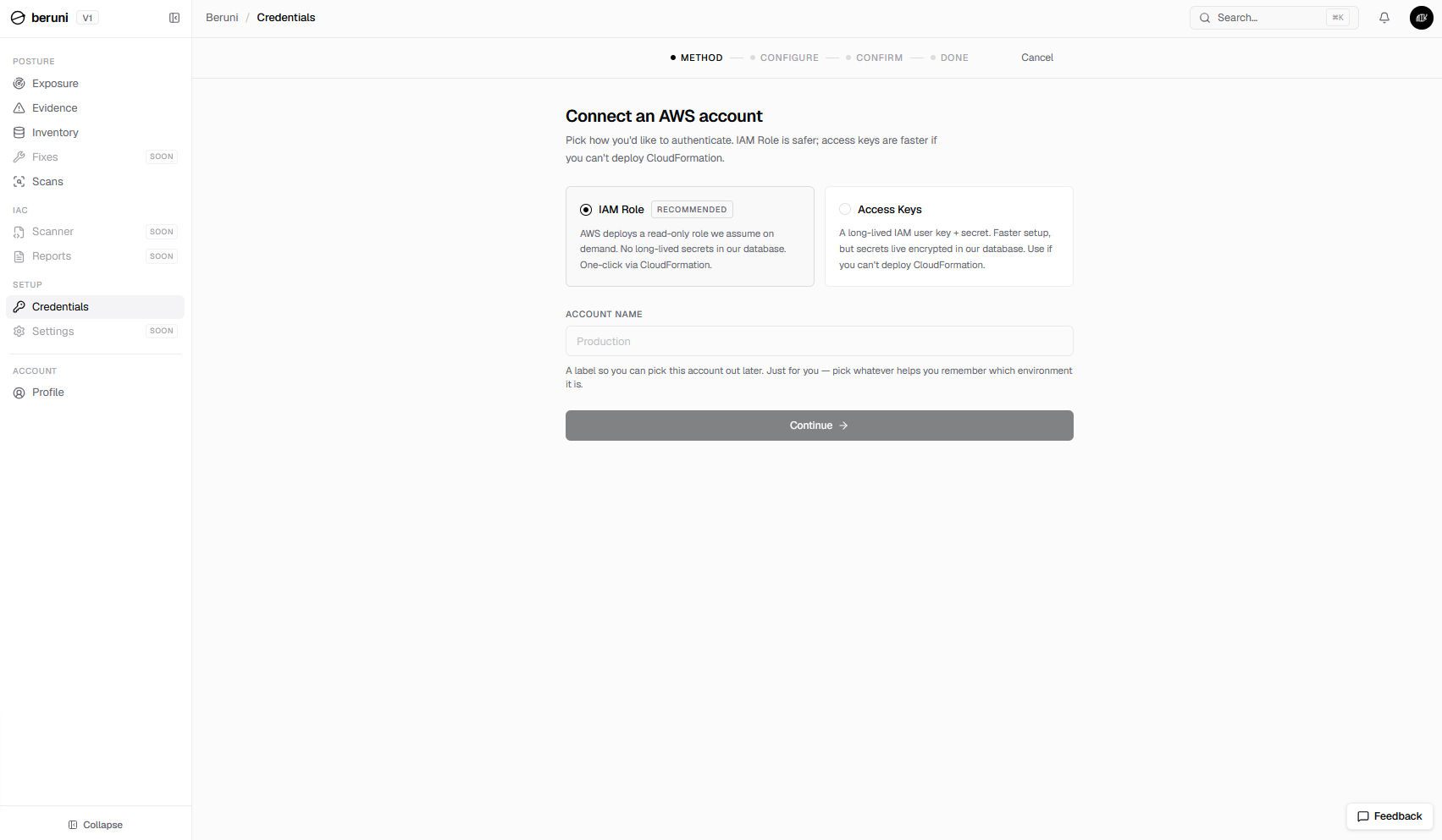 Beruni's "Connect an AWS account" screen, offering two methods: IAM Role, marked recommended, described as a read-only role assumed on demand with no long-lived secrets in our database, deployed one-click via CloudFormation; and Access Keys, described as a long-lived IAM user key plus secret, faster to set up, with secrets kept encrypted in our database, for accounts that can't deploy CloudFormation.